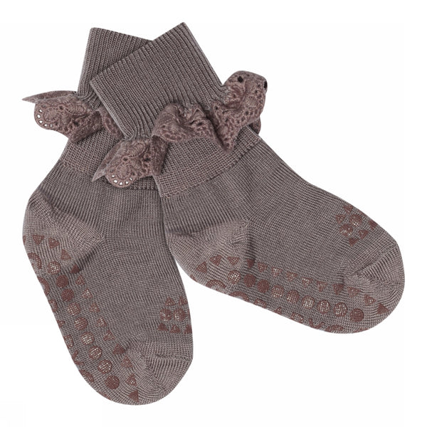 Rutschfeste Grip-Socken - Merinowolle - Spitze - Schneeweiß 