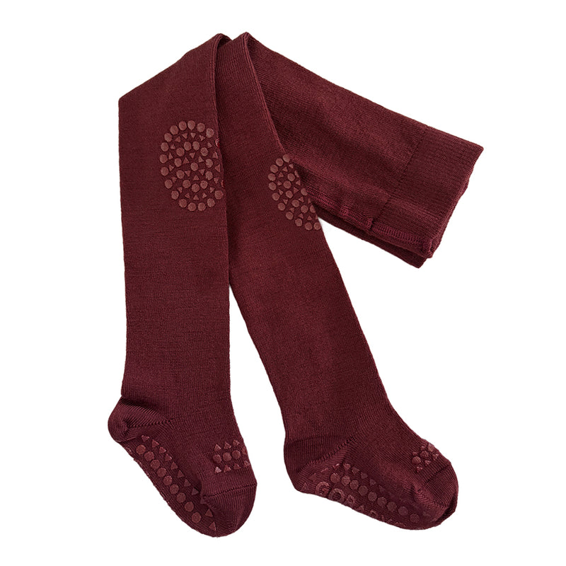 Non slip crawling tights with grip for babies and toddlers in Merino Wool - Wine red