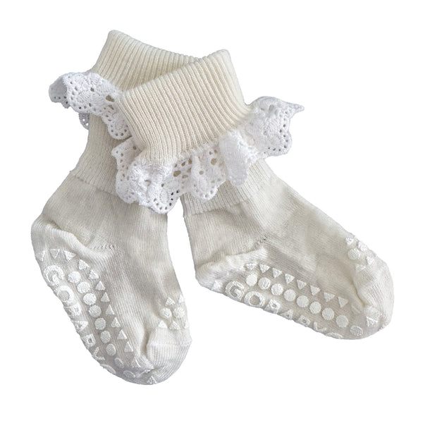 Non-Slip Grip Socks - Merino Wool - Lace - Snow White