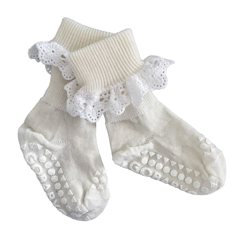 Non-Slip Grip Socks - Merino Wool - Lace - Snow White
