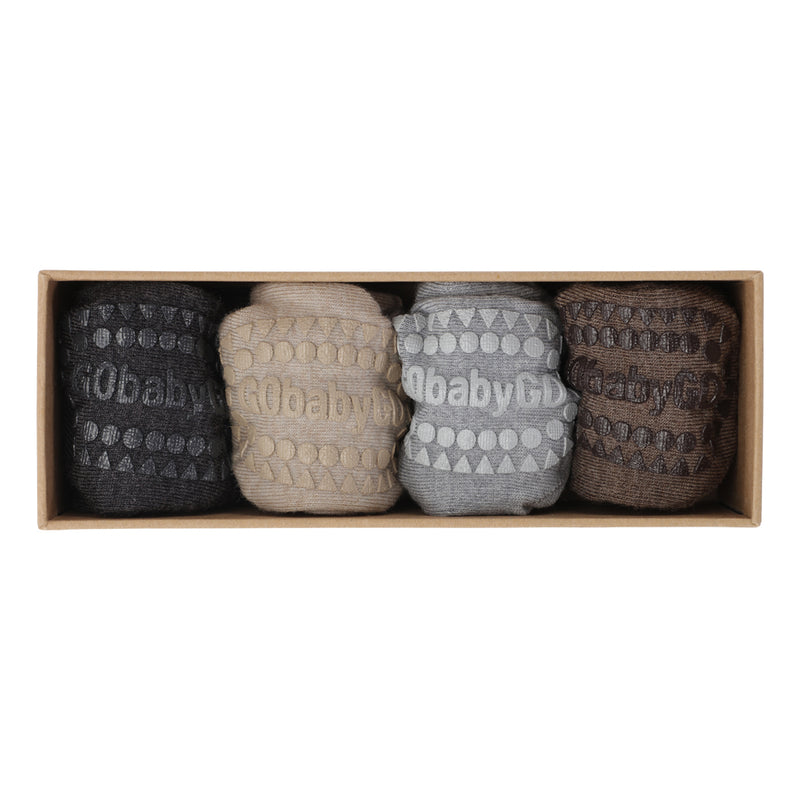 4er-Pack Grip-Socken – Merinowolle – Dunkelgrau Melange, Sand, Grau Melange, Braun Melange
