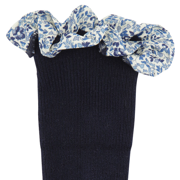 Rutschfeste Socken Bambus - Dark Blue mit Liberty-Rüsche