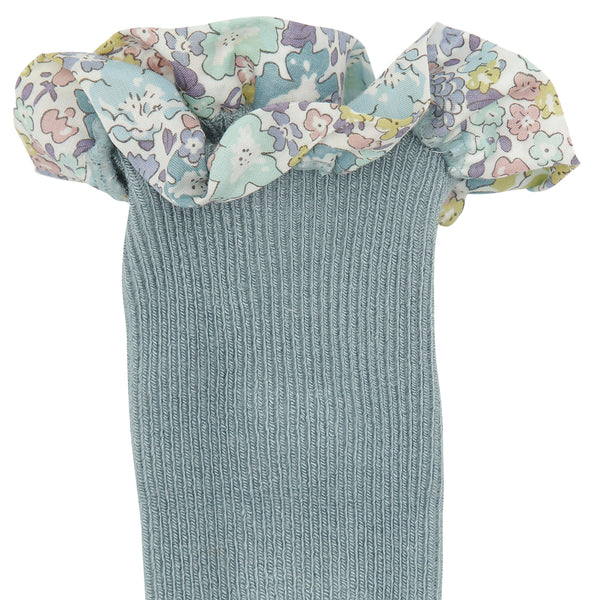 Rutschfeste Socken Bambus - Dusty Blue mit Liberty-Rüsche